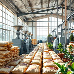 A detailed and vibrant image showcasing the industrialization process of specialty parchment coffee (café pergamino) after milling