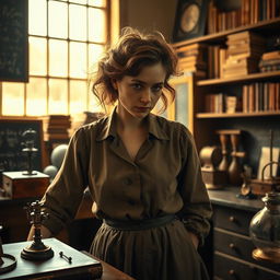 A historical portrayal of a female scientist inspired by Albert Einstein, depicted in a vintage early 20th-century laboratory filled with chalkboards covered in complex equations and scientific instruments