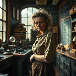 A historical portrayal of a female scientist inspired by Albert Einstein, depicted in a vintage early 20th-century laboratory filled with chalkboards covered in complex equations and scientific instruments