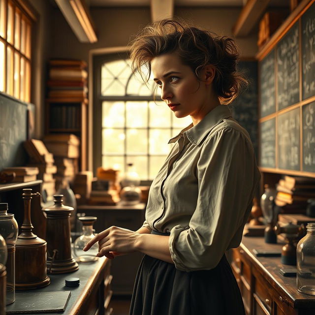 A historical portrayal of a female scientist inspired by Albert Einstein, depicted in a vintage early 20th-century laboratory filled with chalkboards covered in complex equations and scientific instruments