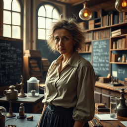 A historical portrayal of a female scientist inspired by Albert Einstein, depicted in a vintage early 20th-century laboratory filled with chalkboards covered in complex equations and scientific instruments