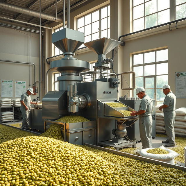 A hyper-realistic image showcasing the industrialization process of specialty green coffee, focusing specifically on the milling phase