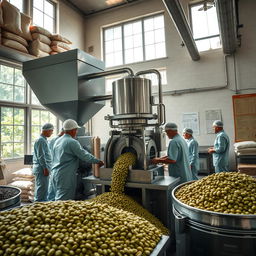 A hyper-realistic image showcasing the industrialization process of specialty green coffee, focusing specifically on the milling phase