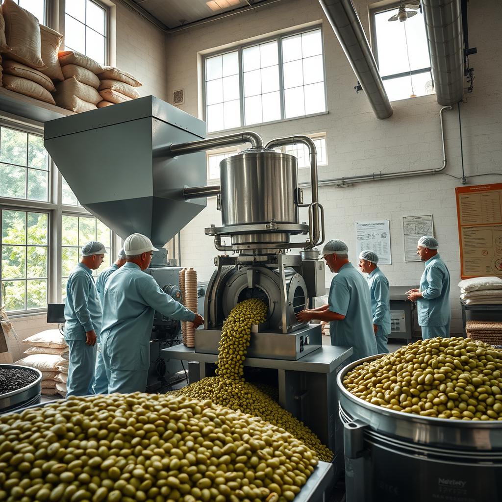 A hyper-realistic image showcasing the industrialization process of specialty green coffee, focusing specifically on the milling phase