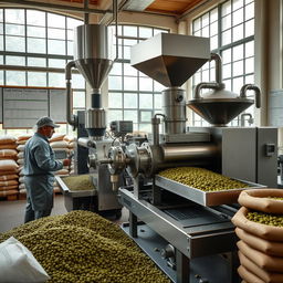 A hyper-realistic image showcasing the industrialization process of specialty green coffee, focusing specifically on the milling phase