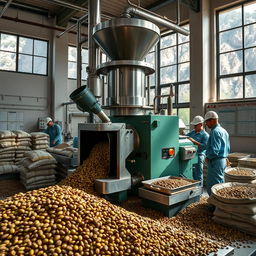 A hyper-realistic image showcasing the industrialization process of specialty green coffee, focusing specifically on the milling phase
