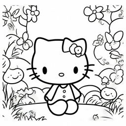 A high-quality, black and white line art image suitable for colouring, featuring the iconic character Hello Kitty in a playful and engaging scene