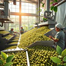 An engaging and detailed image illustrating the improvement of specialty green coffee industrialization