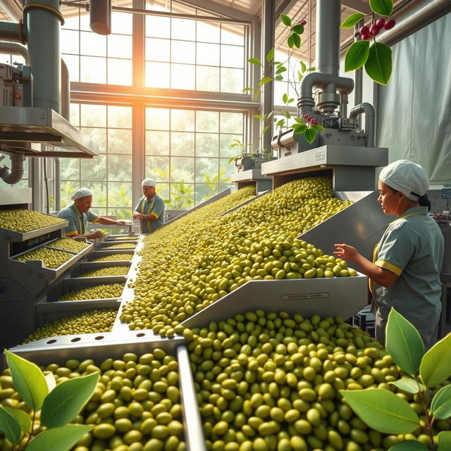 An engaging and detailed image illustrating the improvement of specialty green coffee industrialization