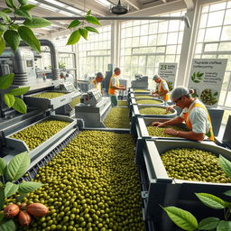An engaging and detailed image illustrating the improvement of specialty green coffee industrialization