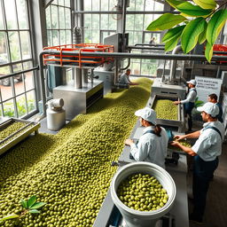 An engaging and detailed image illustrating the improvement of specialty green coffee industrialization