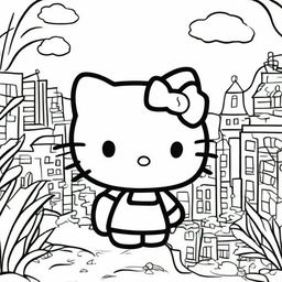 A high-quality, black and white line art image suitable for colouring, featuring the iconic character Hello Kitty in a playful and engaging scene