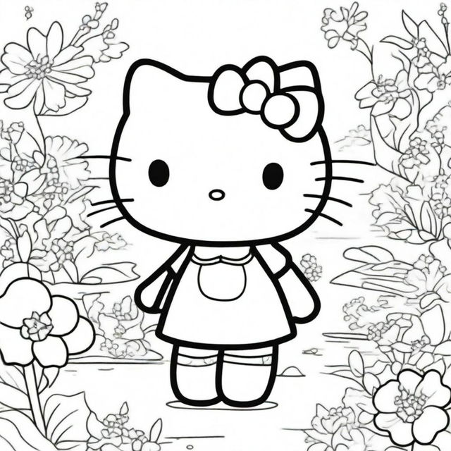 A high-quality, black and white line art image suitable for colouring, featuring the iconic character Hello Kitty in a playful and engaging scene