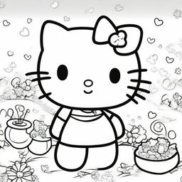 A high-quality, black and white line art image suitable for colouring, featuring the iconic character Hello Kitty in a playful and engaging scene