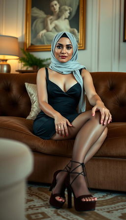 A classy 40-year-old actress with white skin, seated gracefully on a luxurious couch