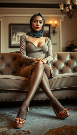 A classy 40-year-old actress with white skin, seated gracefully on a luxurious couch