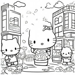 A high-quality, black and white line art illustration suitable for colouring, showcasing various characters from the Sanrio universe in a fun and friendly setting