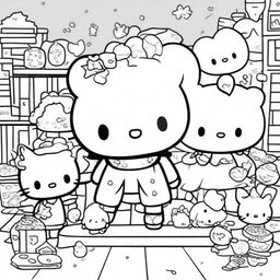 A high-quality, black and white line art illustration suitable for colouring, showcasing various characters from the Sanrio universe in a fun and friendly setting