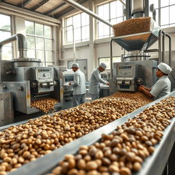 A hyper-realistic image of the industrial milling process of parchment coffee (café pergamino) focusing specifically on the removal of the husk from the small-sized dried coffee beans
