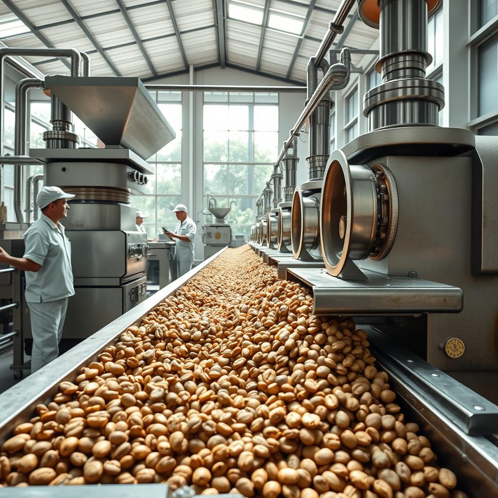 A hyper-realistic image of the industrial milling process of parchment coffee (café pergamino) focusing specifically on the removal of the husk from the small-sized dried coffee beans