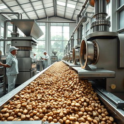 A hyper-realistic image of the industrial milling process of parchment coffee (café pergamino) focusing specifically on the removal of the husk from the small-sized dried coffee beans