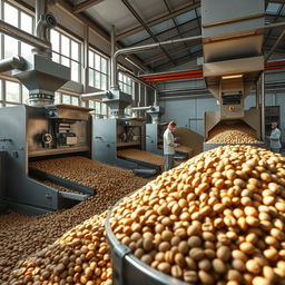 A hyper-realistic image of the industrial milling process of parchment coffee (café pergamino) focusing specifically on the removal of the husk from the small-sized dried coffee beans