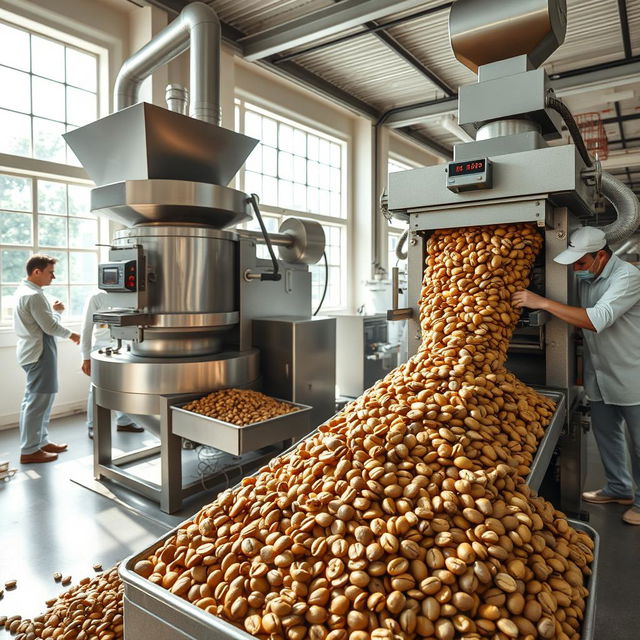 A hyper-realistic image of the industrial milling process of parchment coffee (café pergamino) focusing specifically on the removal of the husk from the small-sized dried coffee beans