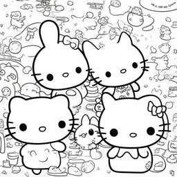 A high-quality, black and white line art illustration suitable for colouring, showcasing various characters from the Sanrio universe in a fun and friendly setting