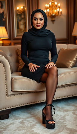 A classy 40-year-old actress with white skin, elegantly seated on a stylish couch