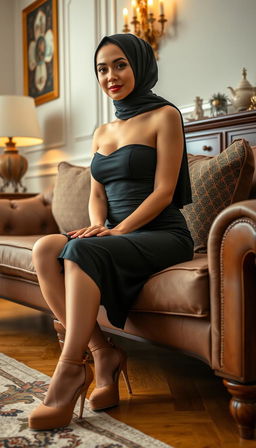 A classy 40-year-old actress with white skin, elegantly seated on a stylish couch