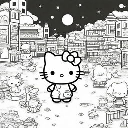 A high-quality, black and white line art illustration suitable for colouring, showcasing various characters from the Sanrio universe in a fun and friendly setting