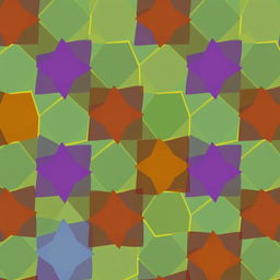 A vibrant and intricate pattern featuring overlapping pentagons and hexagons in various colors, creating a mesmerizing geometric mosaic