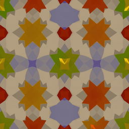 A vibrant and intricate pattern featuring overlapping pentagons and hexagons in various colors, creating a mesmerizing geometric mosaic