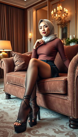 A classy 40-year-old actress with white skin, seated elegantly on a luxurious couch