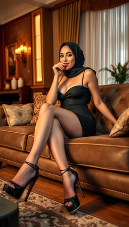 A classy 40-year-old actress with white skin, seated elegantly on a luxurious couch