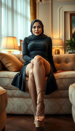 A classy 40-year-old actress with white skin, seated elegantly on a luxurious couch