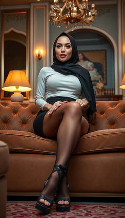 A classy 40-year-old actress with white skin, elegantly seated on a luxurious couch
