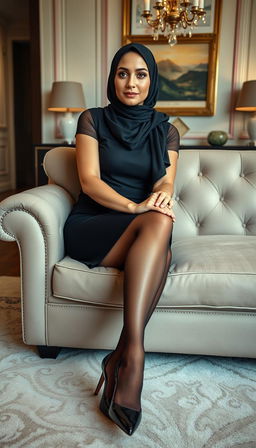 A classy 40-year-old actress with white skin, elegantly sitting on a chic couch