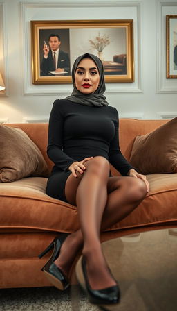 A classy 40-year-old actress with white skin, elegantly sitting on a chic couch