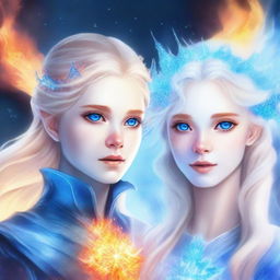 A high-quality digital art piece that portrays a pair of 18-year-old twins embodying the elements of ice and fire