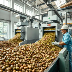 A hyper-realistic image showcasing the milling process of parchment coffee (café pergamino) in a modern coffee processing facility