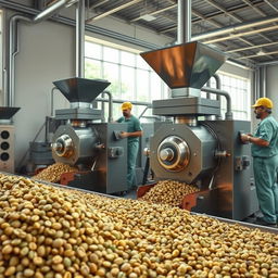 A hyper-realistic image showcasing the milling process of parchment coffee (café pergamino) in a modern coffee processing facility