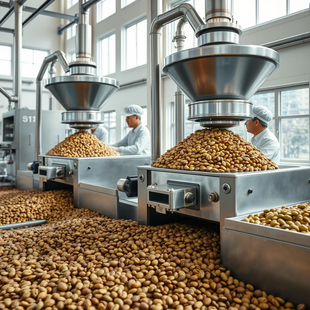 A hyper-realistic image showcasing the milling process of parchment coffee (café pergamino) in a modern coffee processing facility