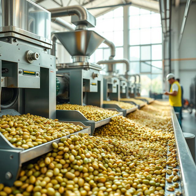 A hyper-realistic image showcasing the milling process of parchment coffee (café pergamino) in a modern coffee processing facility