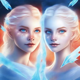 A high-quality digital art piece that portrays a pair of 18-year-old twins embodying the elements of ice and fire