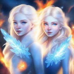 A high-quality digital art piece that portrays a pair of 18-year-old twins embodying the elements of ice and fire