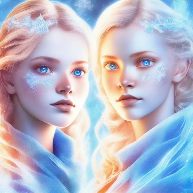 A high-quality digital art piece that portrays a pair of 18-year-old twins embodying the elements of ice and fire