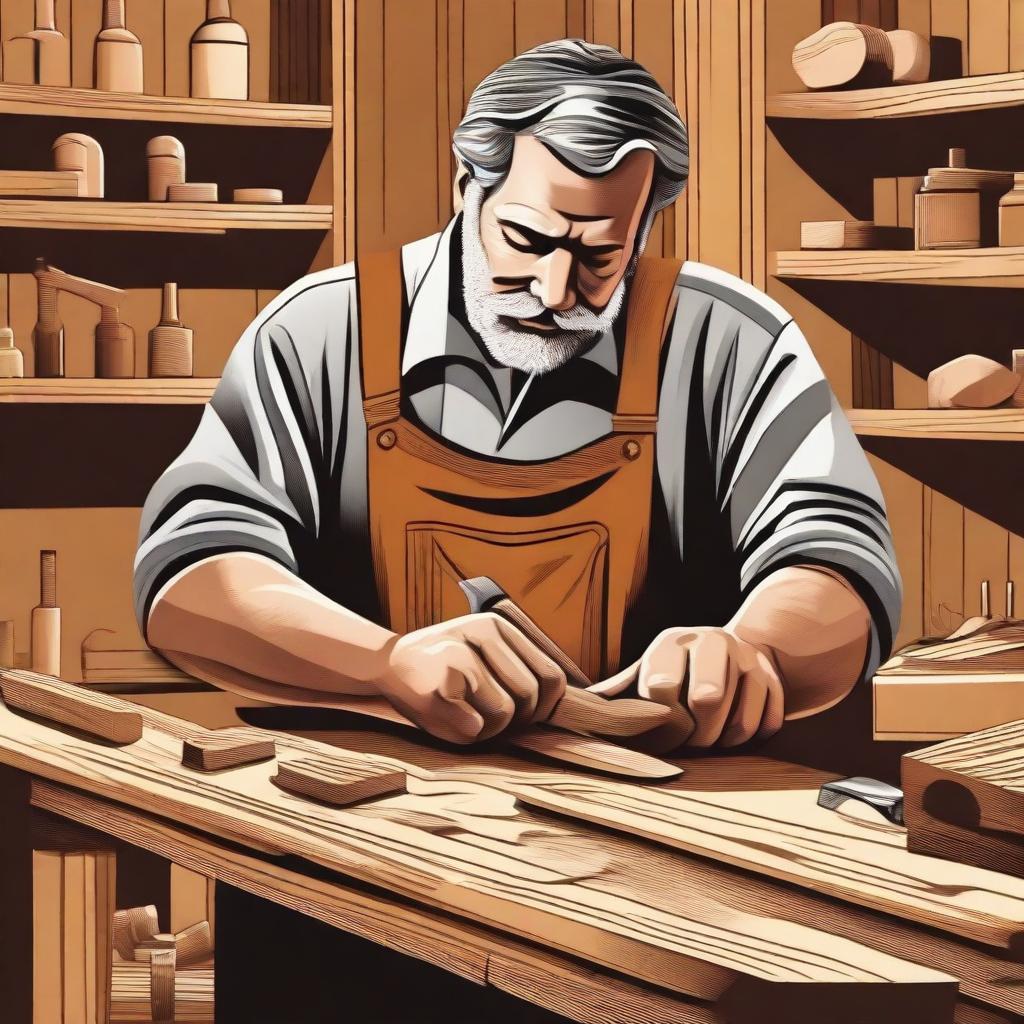 A high-quality digital art illustration showcasing a carpenter at work