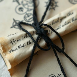 A detailed close-up of a spell parchment, beautifully aged and slightly curled at the edges, showcasing intricate, arcane writing and mystical symbols