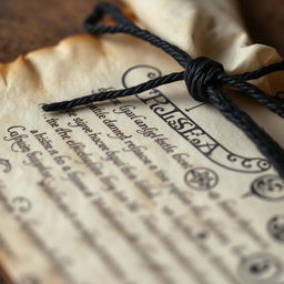 A detailed close-up of a spell parchment, beautifully aged and slightly curled at the edges, showcasing intricate, arcane writing and mystical symbols